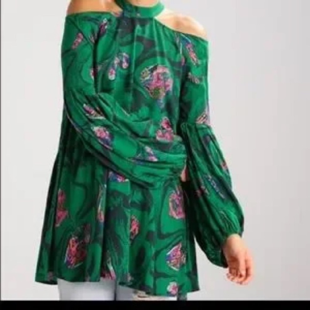 Free People Drift Away Cold Shoulder Dress Tunic Green & Pink Floral Women's Sm